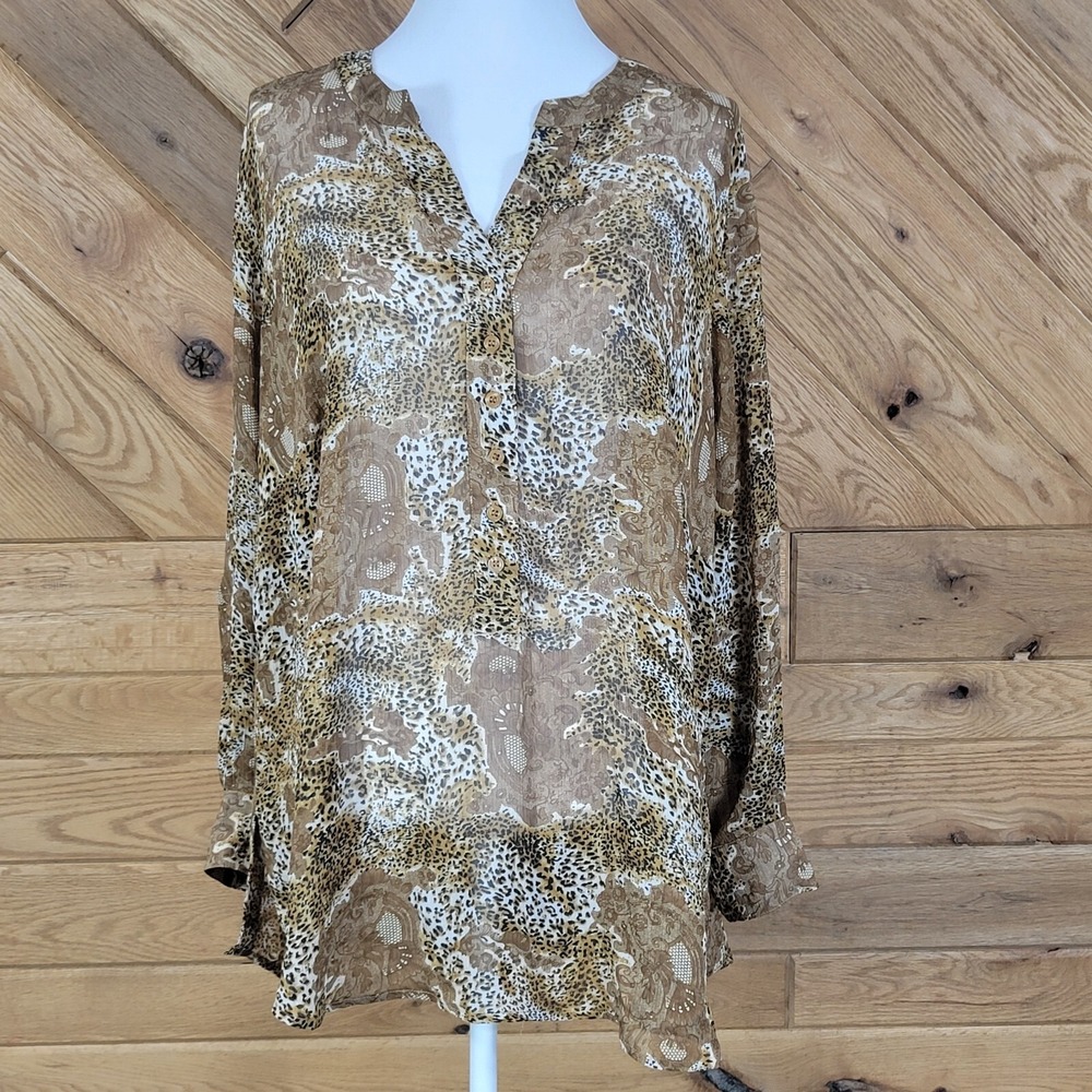 Woman Within Womens Leopard Print Long Sleeve Sheer Blouse Tunic Top Size Large